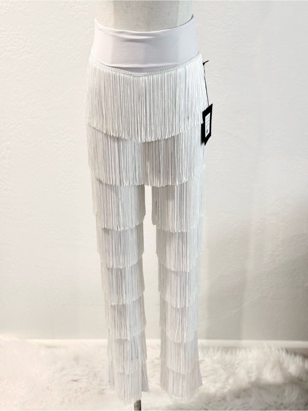 Norma Kamali NWT White All Over Fringe Boot Pant High Waist Statement Luxury M